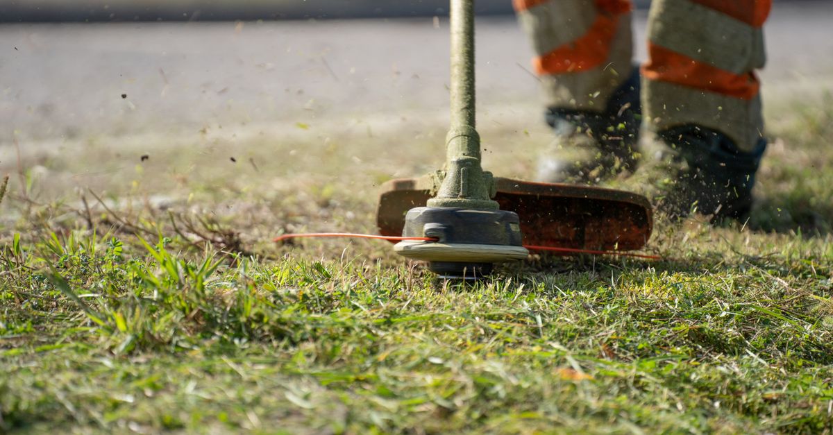 Person using a trimmer to edge along a lawn border